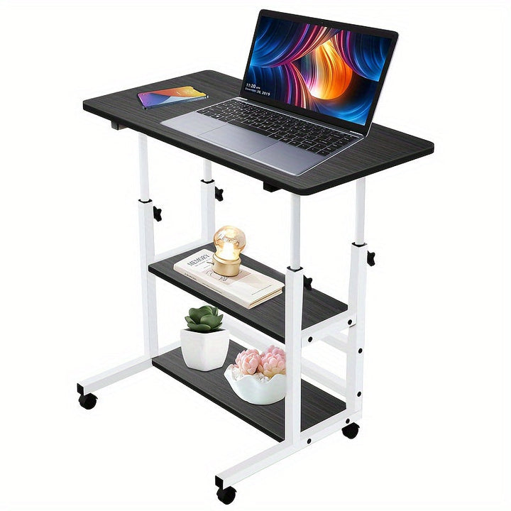 Escritorio Plegable Ergonómico Ajustable en Altura con Ruedas y Estante de Almacenamiento - Marco Blanco, Superficie Negra, Diseño Compacto para Dormitorio, Sala de Estar o Uso de Oficina al Aire Libre