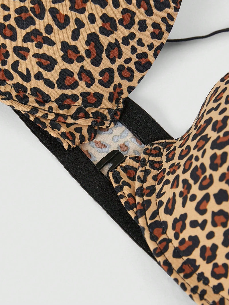 Sujetador para mujer con cierre frontal comodo, espalda de tirantes y efecto de elevacion y soporte, con estampado de leopardo