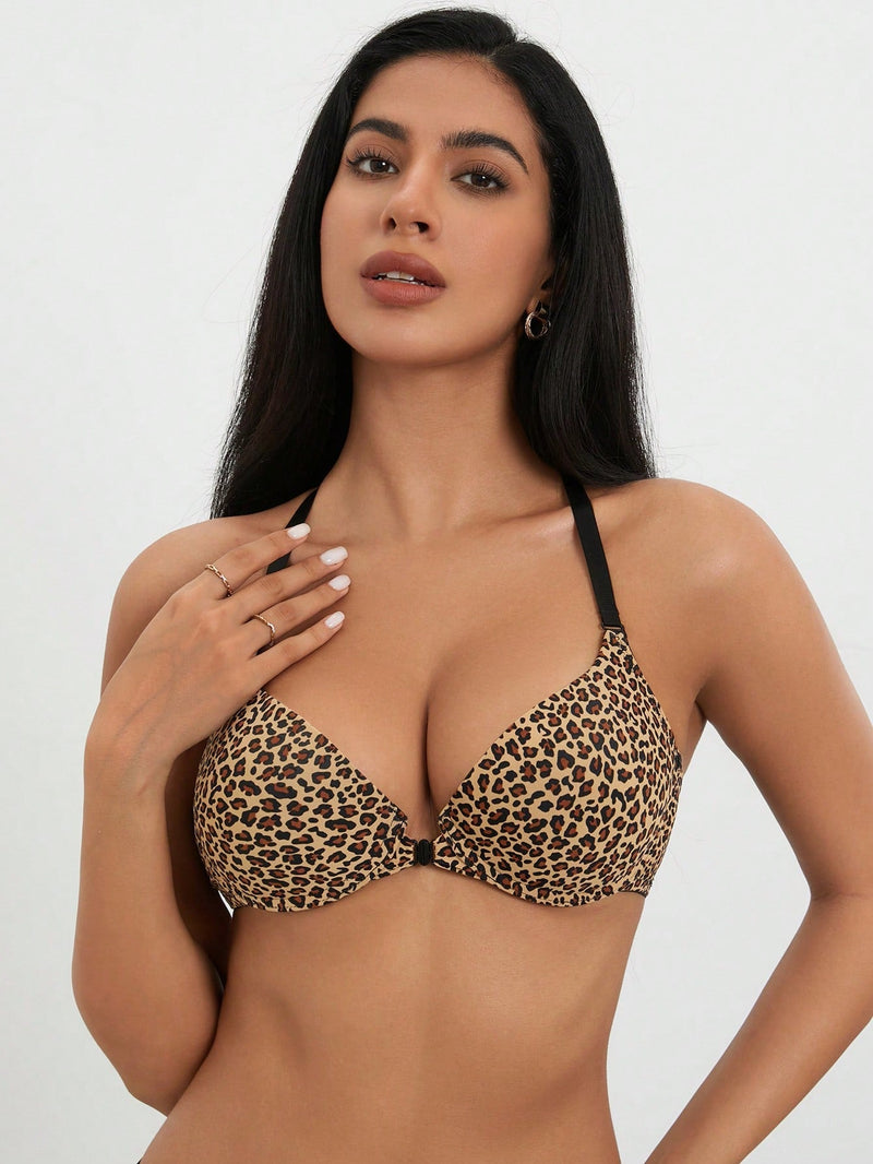 Sujetador para mujer con cierre frontal comodo, espalda de tirantes y efecto de elevacion y soporte, con estampado de leopardo