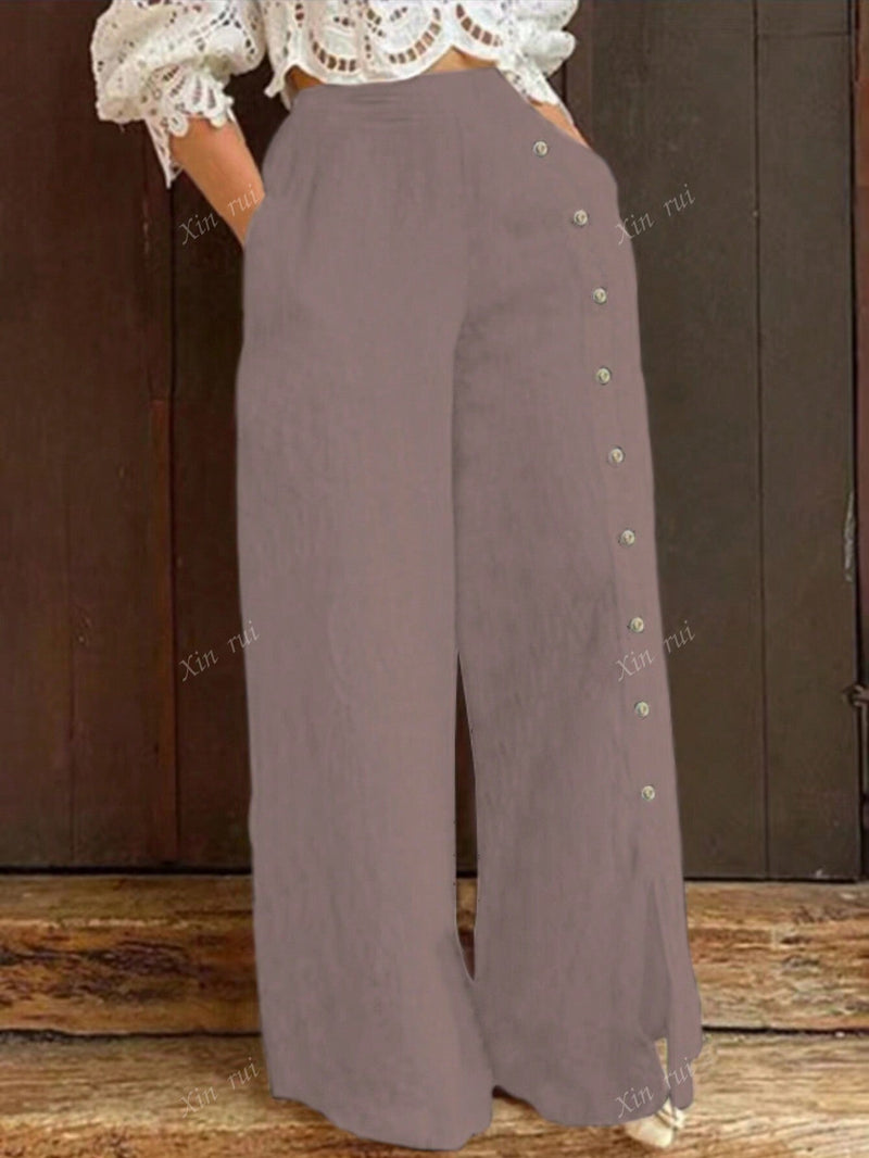 Pantalones anchos casuales sueltos de mujer de un solo botonadura, de unicolor, con bolsillos