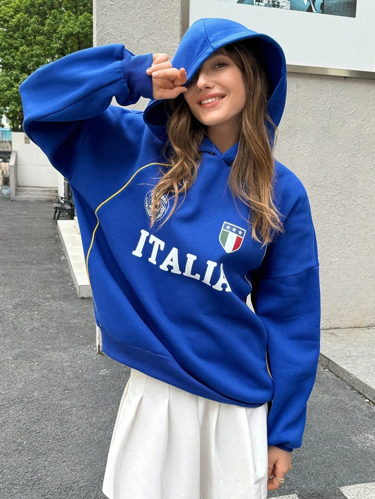 Ezwear sudadera holgada con capucha de estilo deportivo minimalista casual con patron de letra de mexico, para mujer, otono/invierno