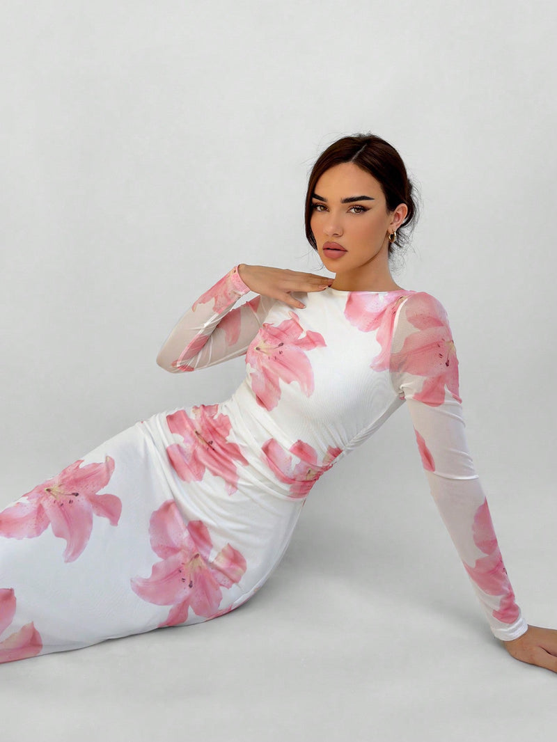 Aloruh vestido con manga larga y pliegues con estampado floral para una cita romantica para mujeres