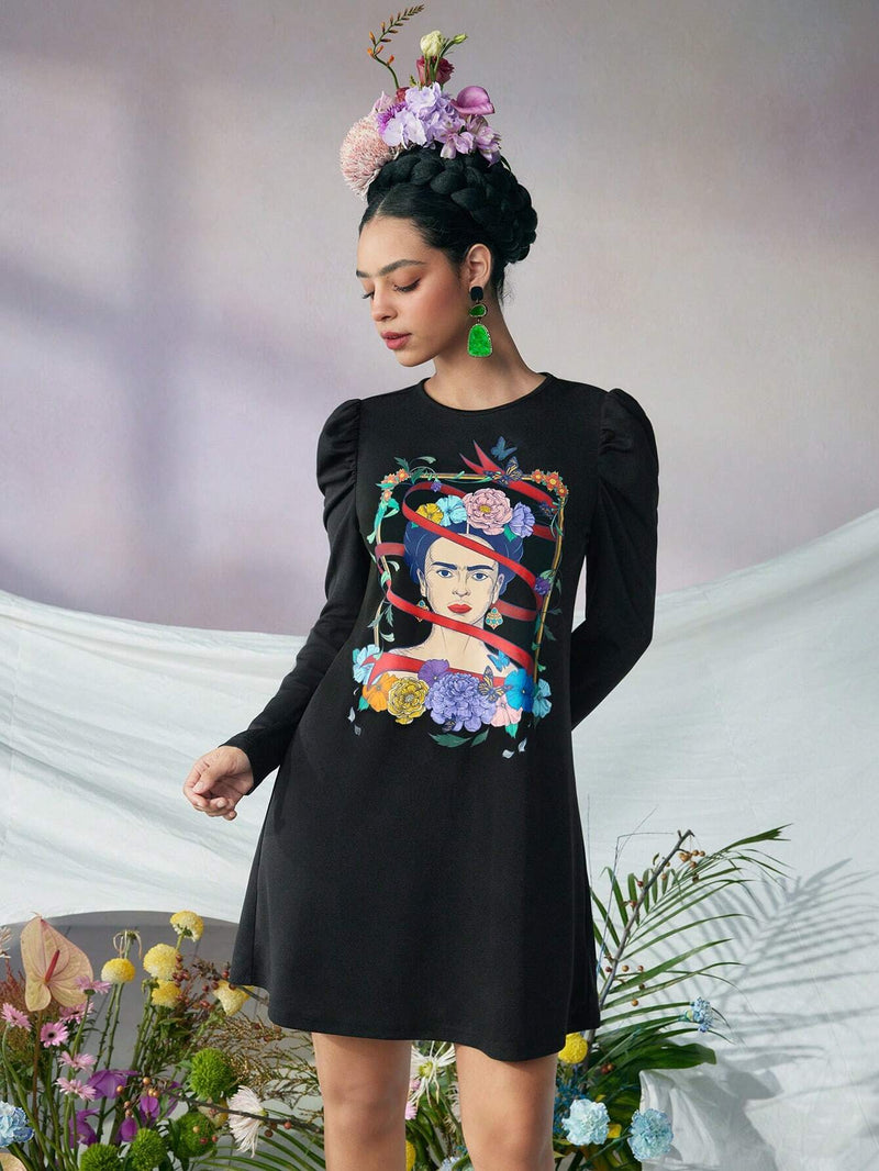 Frida kahlo x  vestido de cuello redondo con mangas de carnero negro para otono e invierno, retrato de planta, surrealismo, autorretratos, ceja unica, vestido tehuana, colibri, diego rivera, mexico