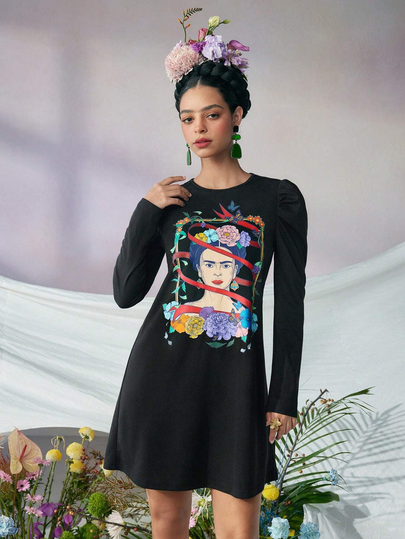 Frida kahlo x  vestido de cuello redondo con mangas de carnero negro para otono e invierno, retrato de planta, surrealismo, autorretratos, ceja unica, vestido tehuana, colibri, diego rivera, mexico