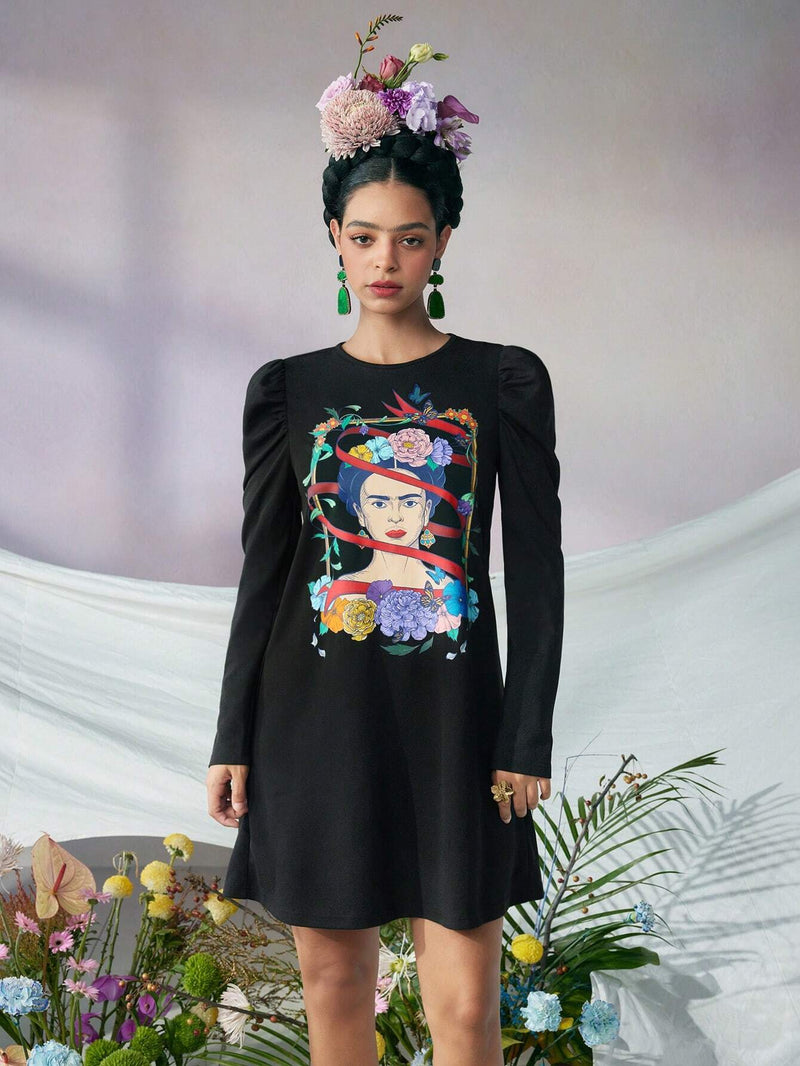 Frida kahlo x  vestido de cuello redondo con mangas de carnero negro para otono e invierno, retrato de planta, surrealismo, autorretratos, ceja unica, vestido tehuana, colibri, diego rivera, mexico