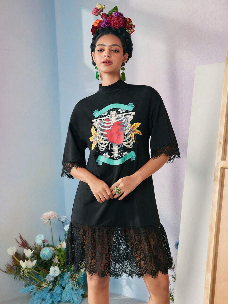 Frida kahlo x  x designer israel jasso vestido corto holgado de manga corta, cuello alto, con estampado de esqueleto y floral, y empalmado de encaje