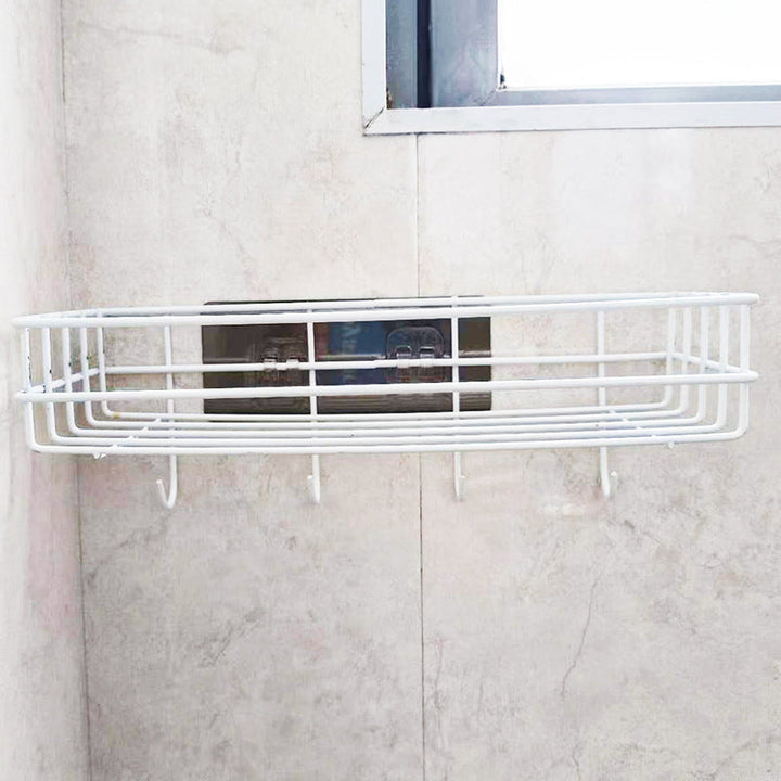 Estante de almacenamiento multifuncional para baño de pared, estante de almacenamiento para cocina, 1 estante de gel de ducha de hierro fundido con gancho, estante de almacenamiento de artículos esenciales para baño de pared sin perforaciones