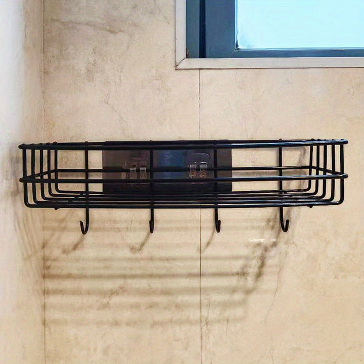 Estante de almacenamiento multifuncional para baño de pared, estante de almacenamiento para cocina, 1 estante de gel de ducha de hierro fundido con gancho, estante de almacenamiento de artículos esenciales para baño de pared sin perforaciones