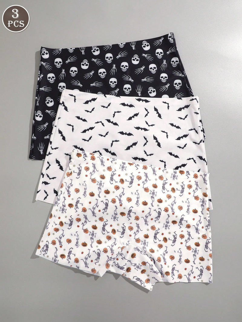 Finetoo conjunto de 3 piezas pantis con estilo gotico, sexy y lindo para mujer, con contraste de color hipster. ropa interior tipo short sin costuras con estampado completo de calaveras y murcielagos de halloween