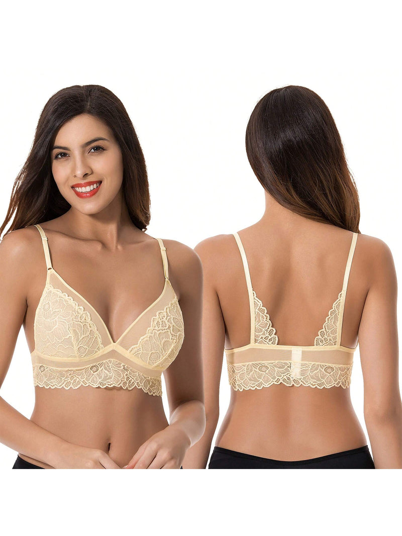 Curve muse bralette sin relleno con escote profundo y encaje floral, paquete de 2, tallas grandes