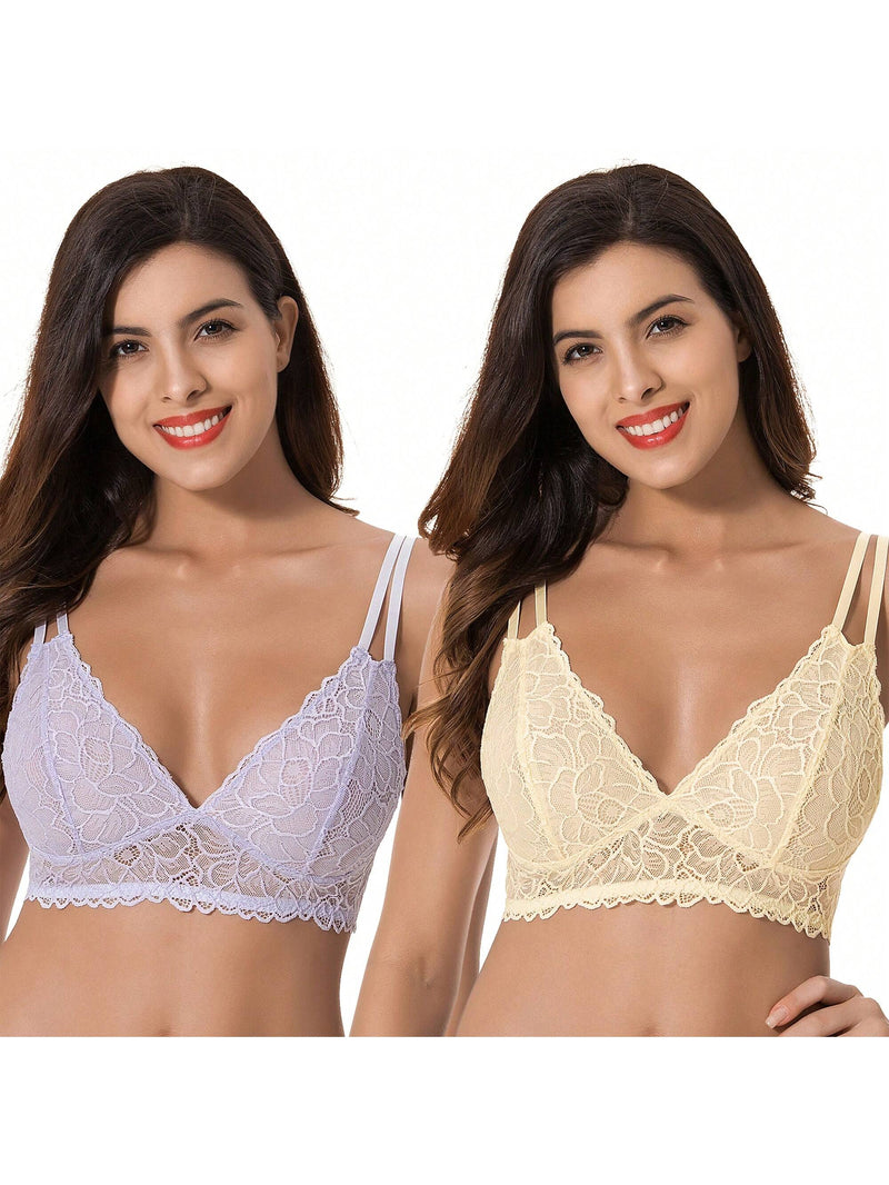 Curve muse bralette sin relleno con escote profundo y encaje floral, paquete de 2, tallas grandes