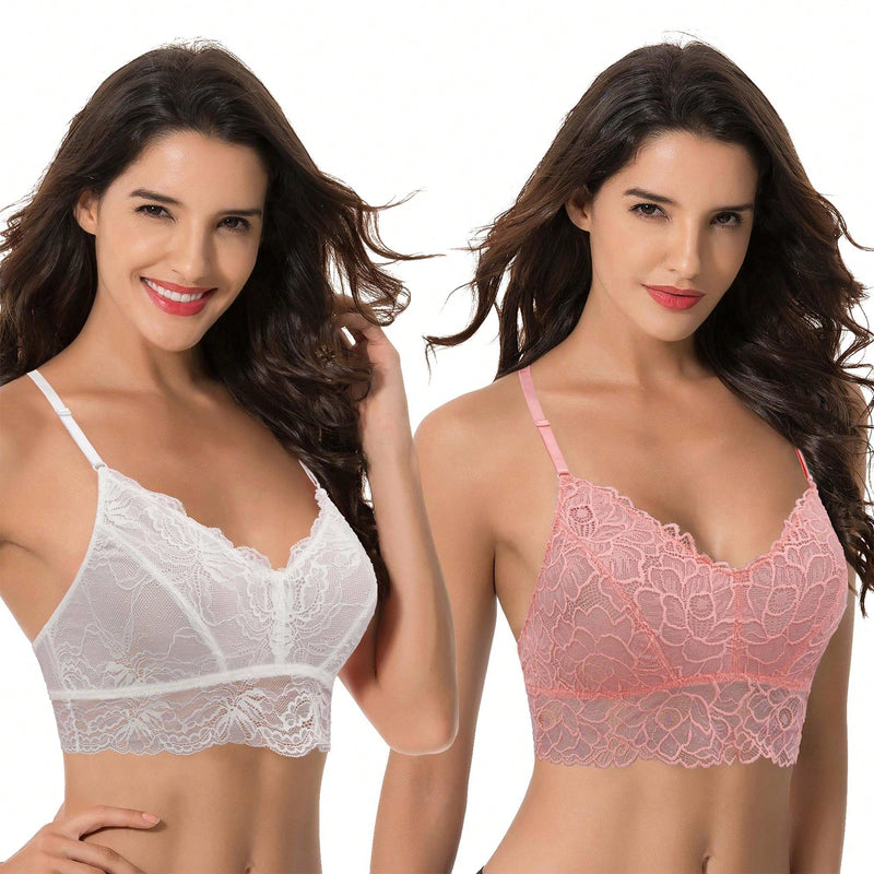 Curve muse bralette sin relleno con escote profundo y encaje floral, paquete de 2, tallas grandes