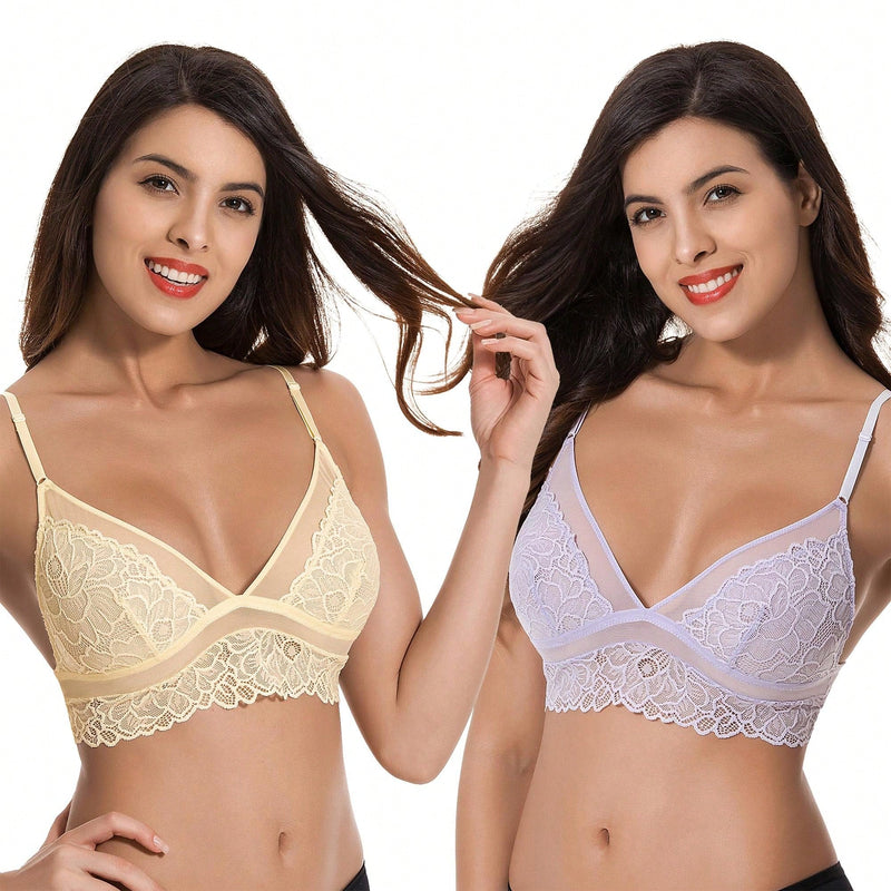 Curve muse bralette sin relleno con escote profundo y encaje floral, paquete de 2, tallas grandes