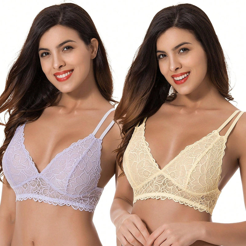 Curve muse bralette sin relleno con escote profundo y encaje floral, paquete de 2, tallas grandes