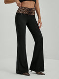 Tall pantalones con campana de estampado de leopardo con parches y cintura con dobladillo, de estilo casual y de moda