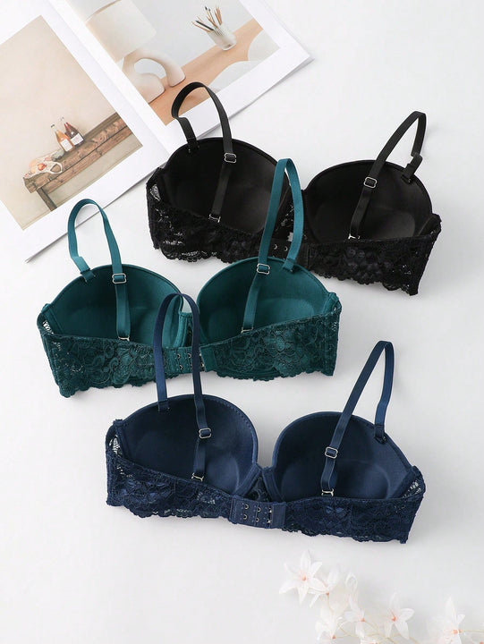 Underwear&sleepwear basics juego de lenceria de 3 piezas/set de sujetador de contraste de encaje de unicolor para mujer