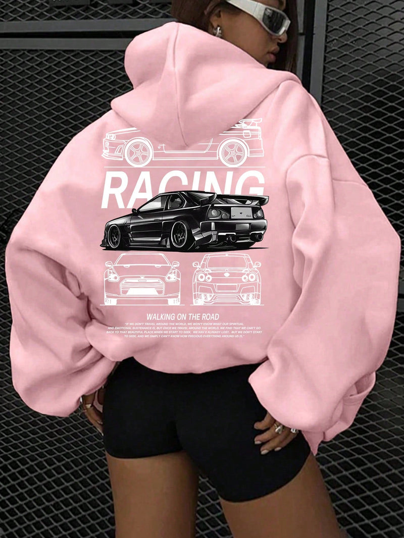 Ezwear sudadera con capucha de grafico de automovil retro casual para mujer, pullover oversize, otono e invierno