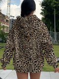 Muchic sudadera con capucha con estampado de leopardo minimalista informal, impreso en toda la prenda, otono invierno