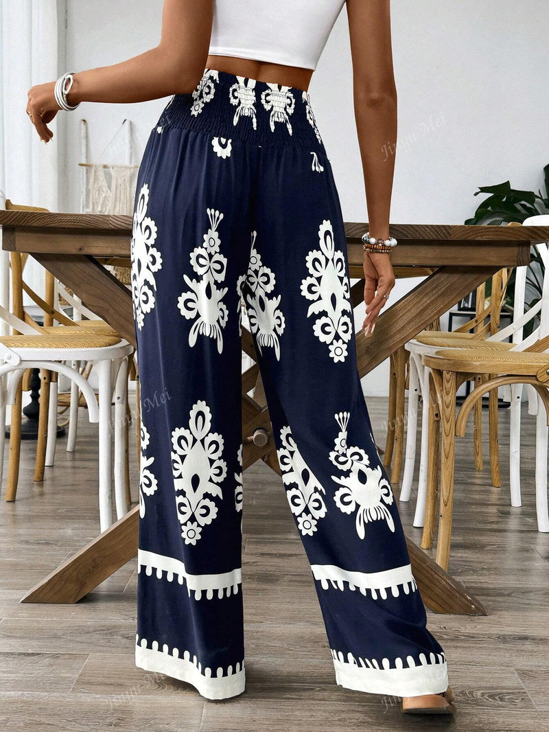 Pantalones de pierna ancha con estampado floral aleatorio y cintura elastica con cordon para mujeres