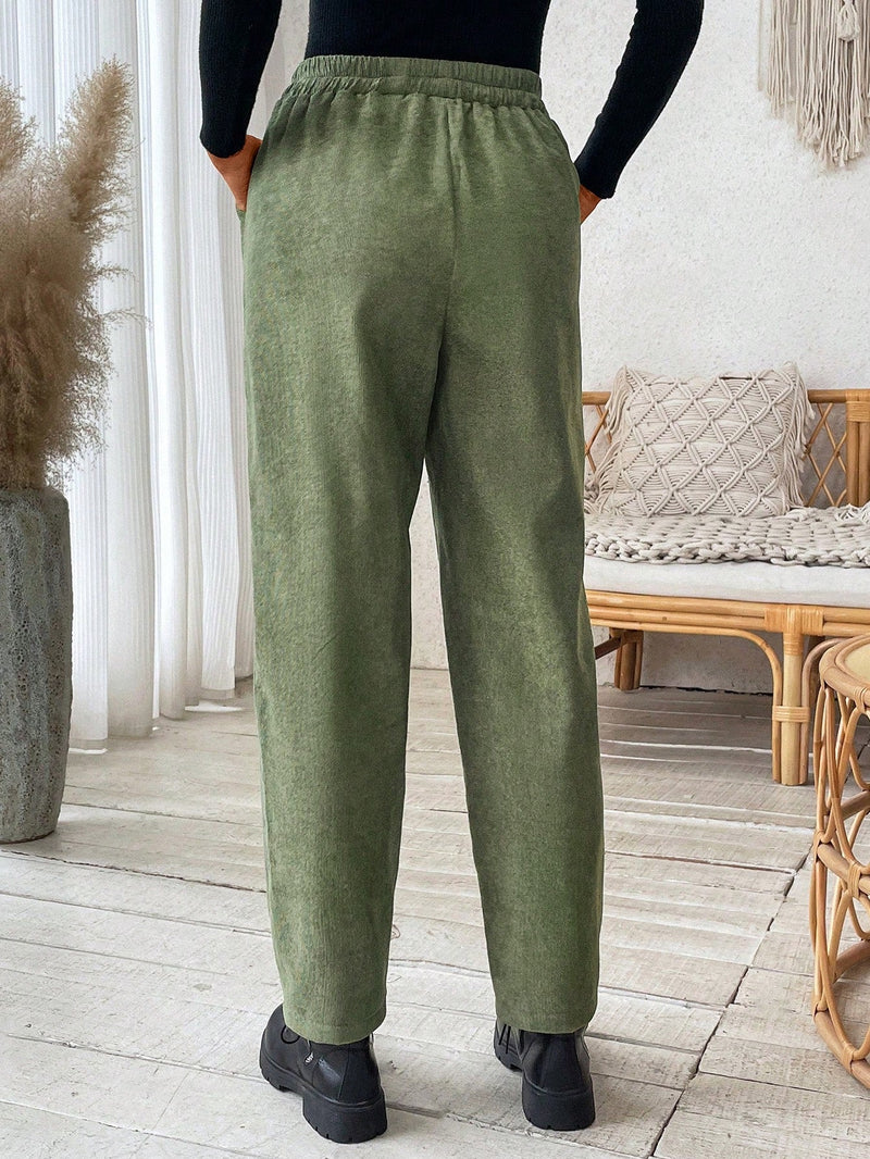 Lune pantalones con diseno de division, cintura elastica, forro de felpa y bolsillos para mujeres