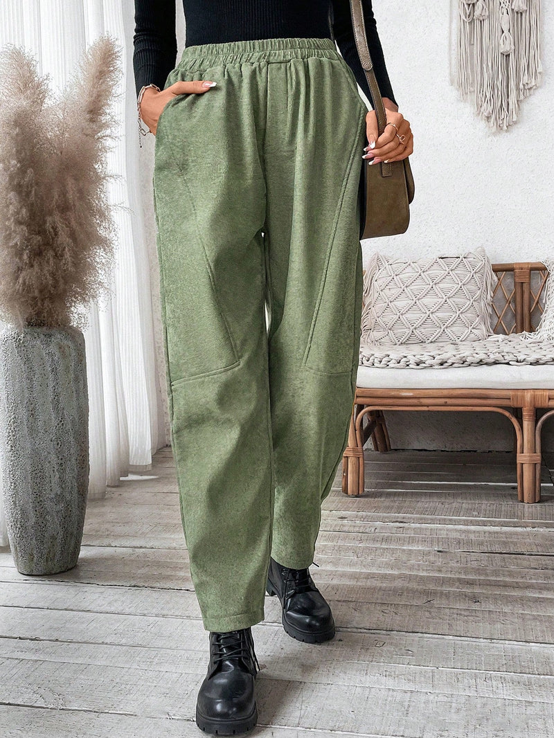 Lune pantalones con diseno de division, cintura elastica, forro de felpa y bolsillos para mujeres