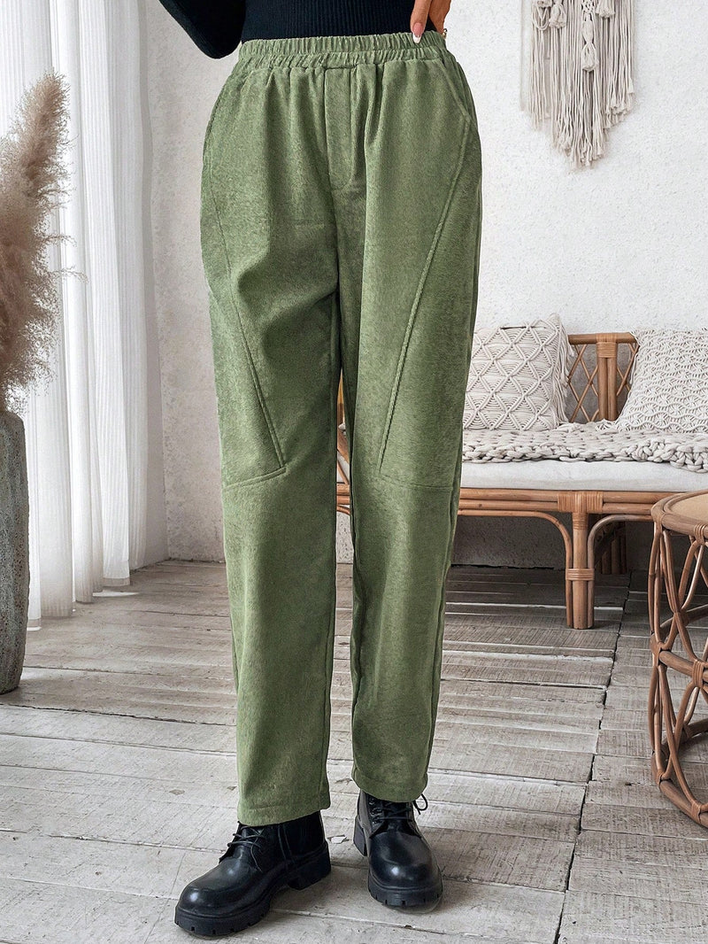 Lune pantalones con diseno de division, cintura elastica, forro de felpa y bolsillos para mujeres