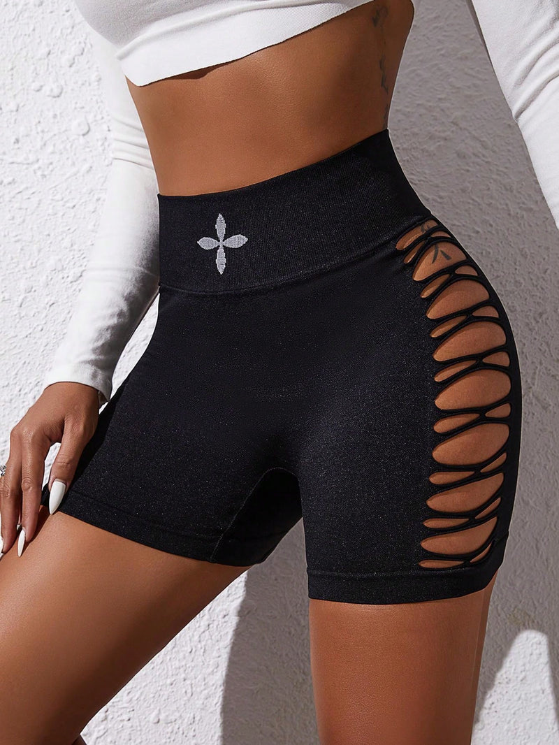 Pantalones cortos deportivos informales de cintura alta con diseno calado para mujer