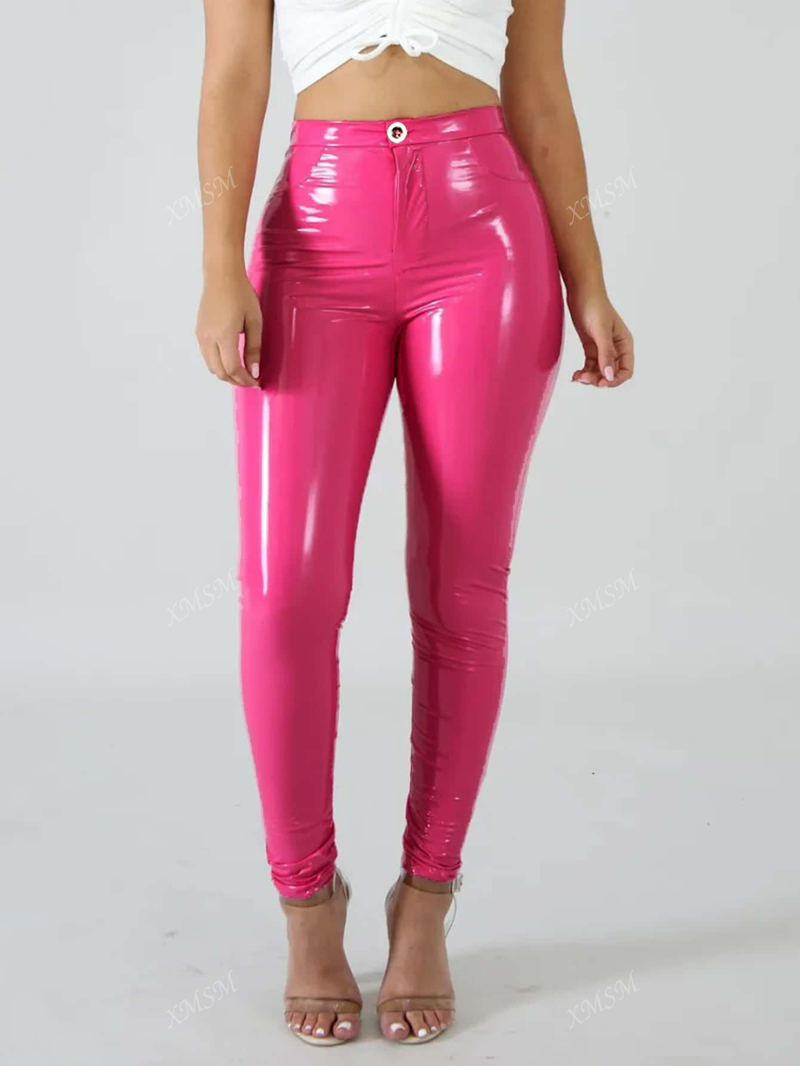 Pantalones de aspecto de piel sexy, de cintura alta, ajustados y elasticos, para mujeres