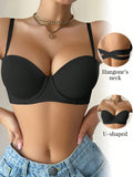 Sujetador negro brillante con tazas sexys para nina, sujetador con aros semi-comodo con aros push-up, tiras de sujetador versatiles para uso diario, sujetador sensorial