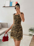 Ezwear vestido ajustado de mujer con estampado de leopardo y malla