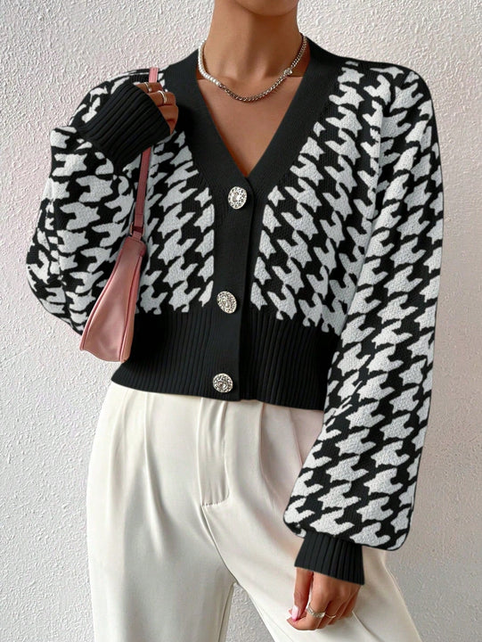 Essnce cardigan casual de mujer con botones y mangas de farol, dobladillo ancho y estampado de pata de gallo