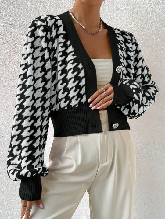 Essnce cardigan casual de mujer con botones y mangas de farol, dobladillo ancho y estampado de pata de gallo