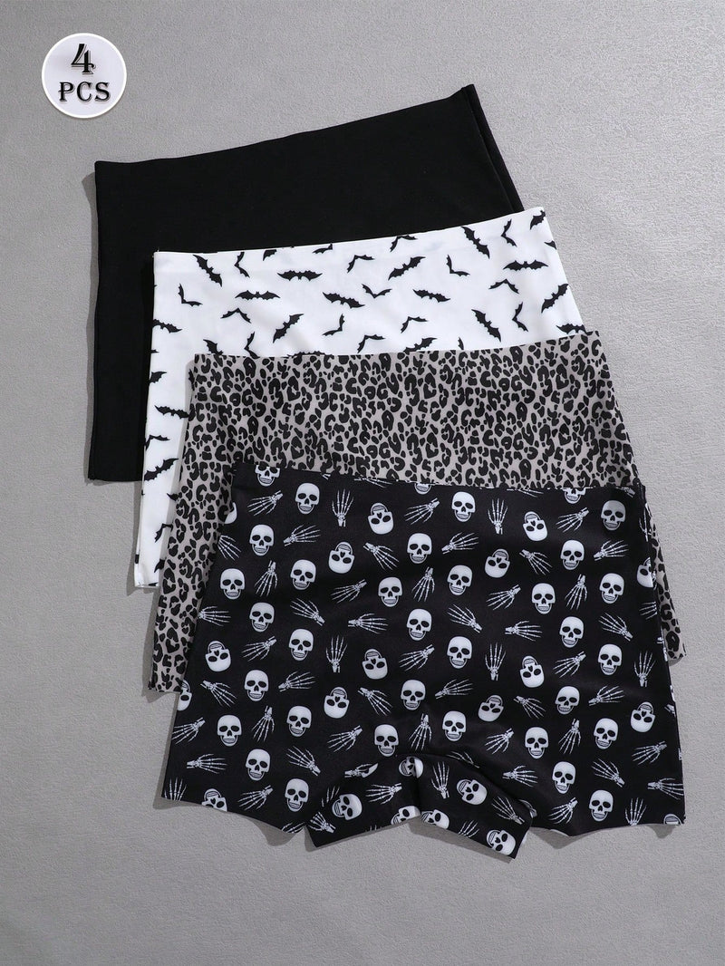 Set de 4 boxers de mujer de cintura alta comodos con estampado de calaveras para halloween