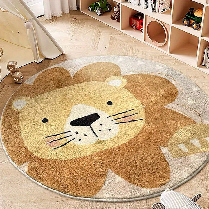 Alfombra de dormitorio redonda de imitación cachemira 1000G/㎡ con dibujos animados de león lindo, lavable y antideslizante, alfombra suave y esponjosa de 10 mm de grosor