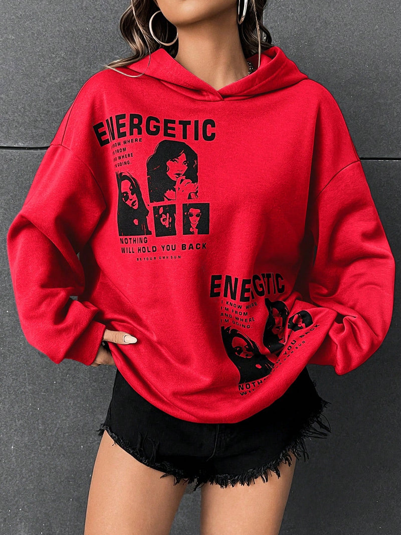 Ezwear sudadera con capucha con grafico de retrato con eslogan de manga larga y caida de hombros roja para mujer de otono/invierno