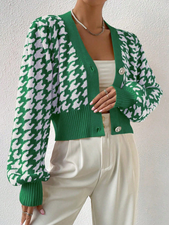 Essnce cardigan casual de mujer con botones y mangas de farol, dobladillo ancho y estampado de pata de gallo