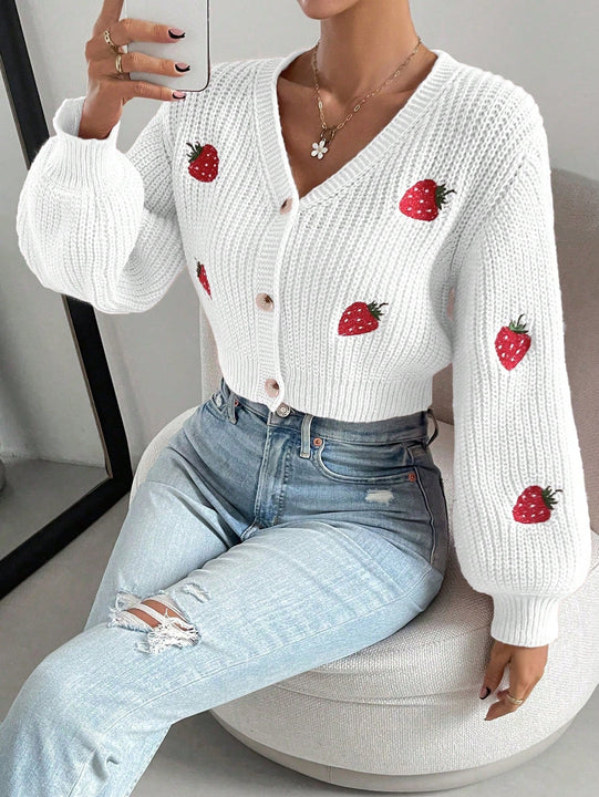 Moosta cardigan holgado de mujer con mangas farol, hombros caidos y bordado de fresa de estilo casual