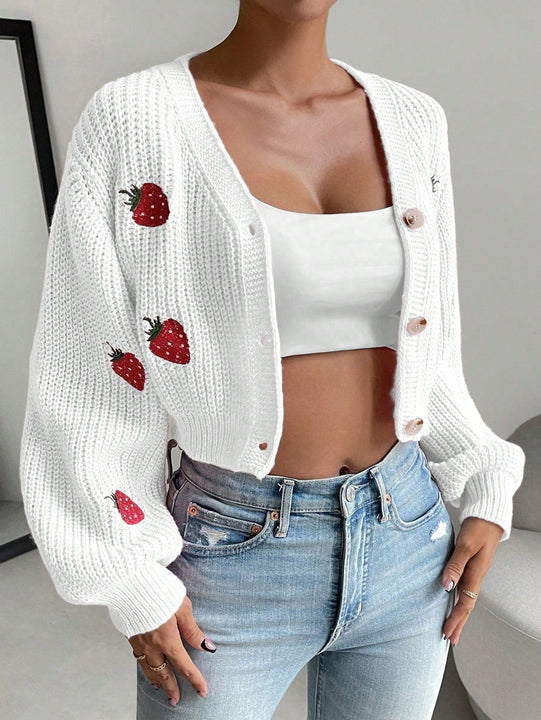 Moosta cardigan holgado de mujer con mangas farol, hombros caidos y bordado de fresa de estilo casual