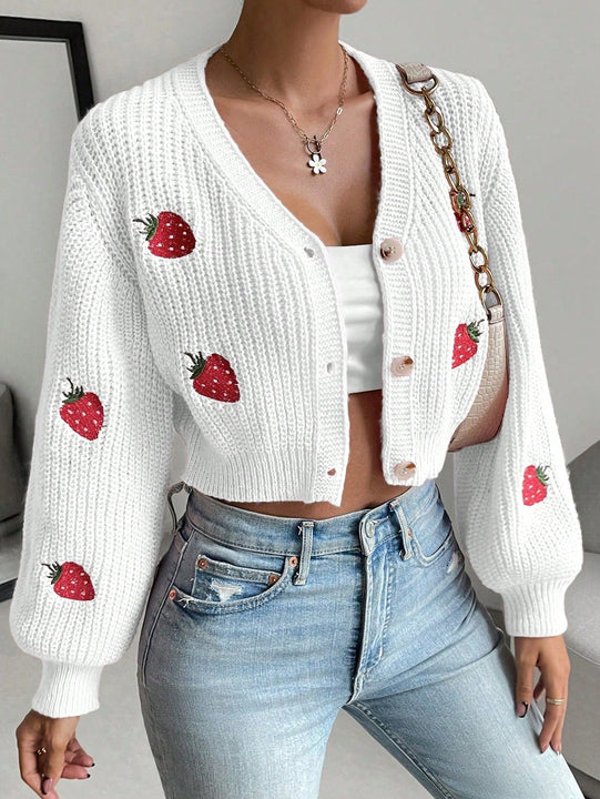 Moosta cardigan holgado de mujer con mangas farol, hombros caidos y bordado de fresa de estilo casual