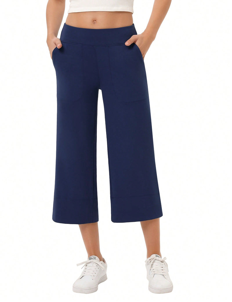 Yesfashion pantalones capri de pierna ancha para mujer con cintura elastica, sueltos, informales, para yoga, con bolsillos