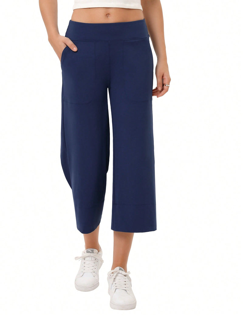 Yesfashion pantalones capri de pierna ancha para mujer con cintura elastica, sueltos, informales, para yoga, con bolsillos