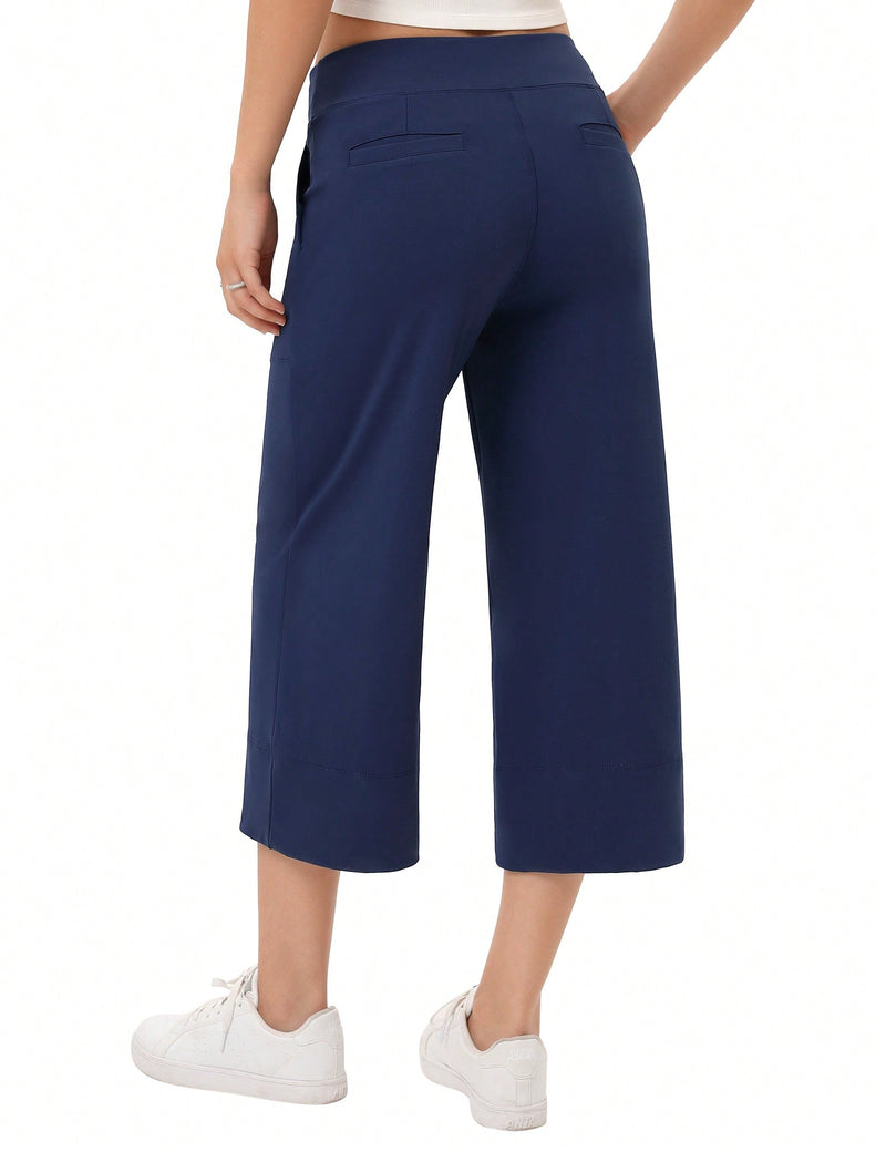 Yesfashion pantalones capri de pierna ancha para mujer con cintura elastica, sueltos, informales, para yoga, con bolsillos