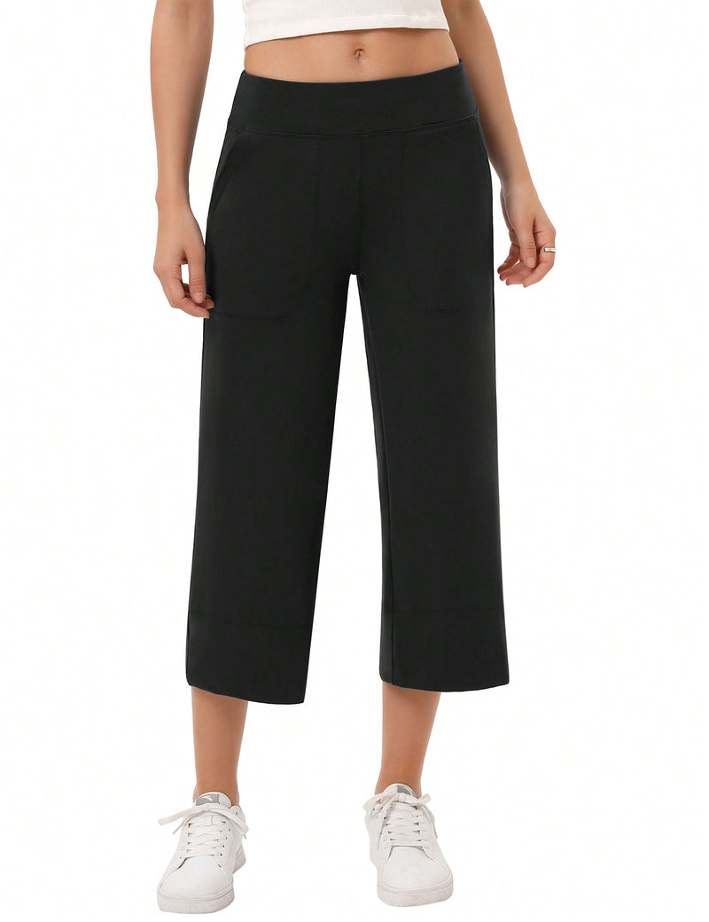 Yesfashion pantalones capri de pierna ancha para mujer con cintura elastica, sueltos, informales, para yoga, con bolsillos