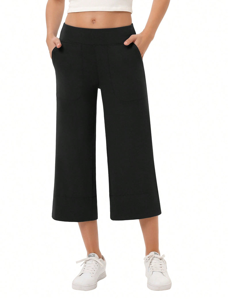 Yesfashion pantalones capri de pierna ancha para mujeres, de corte holgado, para yoga y ocio, con cintura elastica, a la altura de los tobillos y con bolsillos