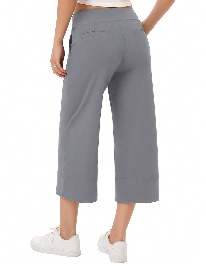 Yesfashion pantalones capri de pierna ancha para mujer con cintura elastica, sueltos, informales, para yoga, con bolsillos