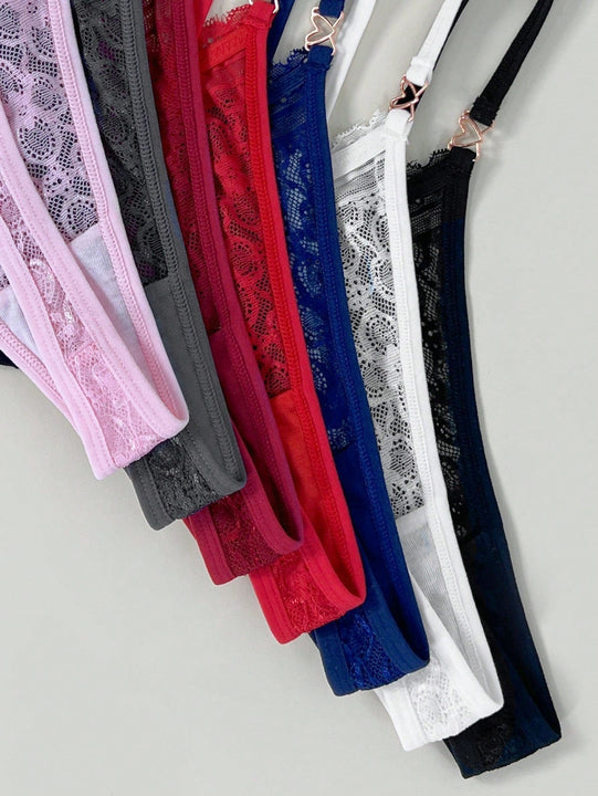 7 piezas/set elegante tanga de encaje de cintura baja, atractivo y elegante