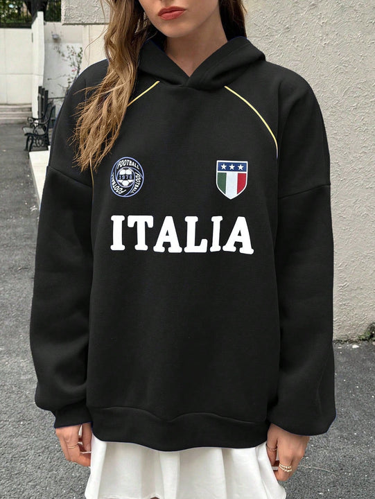 Ezwear sudadera holgada con capucha de estilo deportivo minimalista casual con patron de letra de mexico, para mujer, otono/invierno