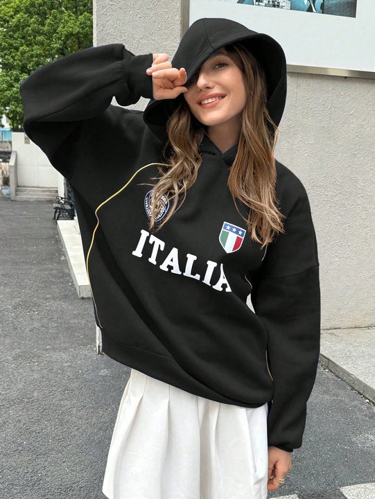 Ezwear sudadera holgada con capucha de estilo deportivo minimalista casual con patron de letra de mexico, para mujer, otono/invierno