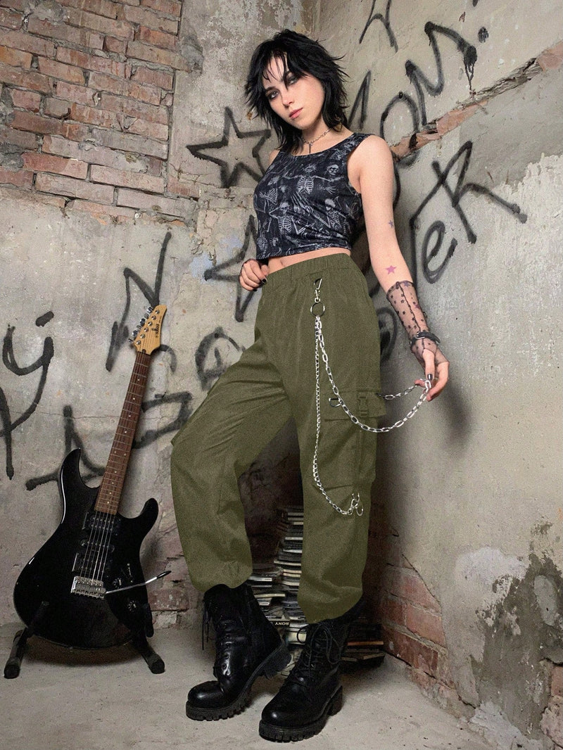 Romwe grunge punk pantalones cargo de moda callejera informal con cadena