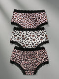 3 piezas de bragas de mujer sexy, suaves y transpirables con parches de encaje de estampado de leopardo